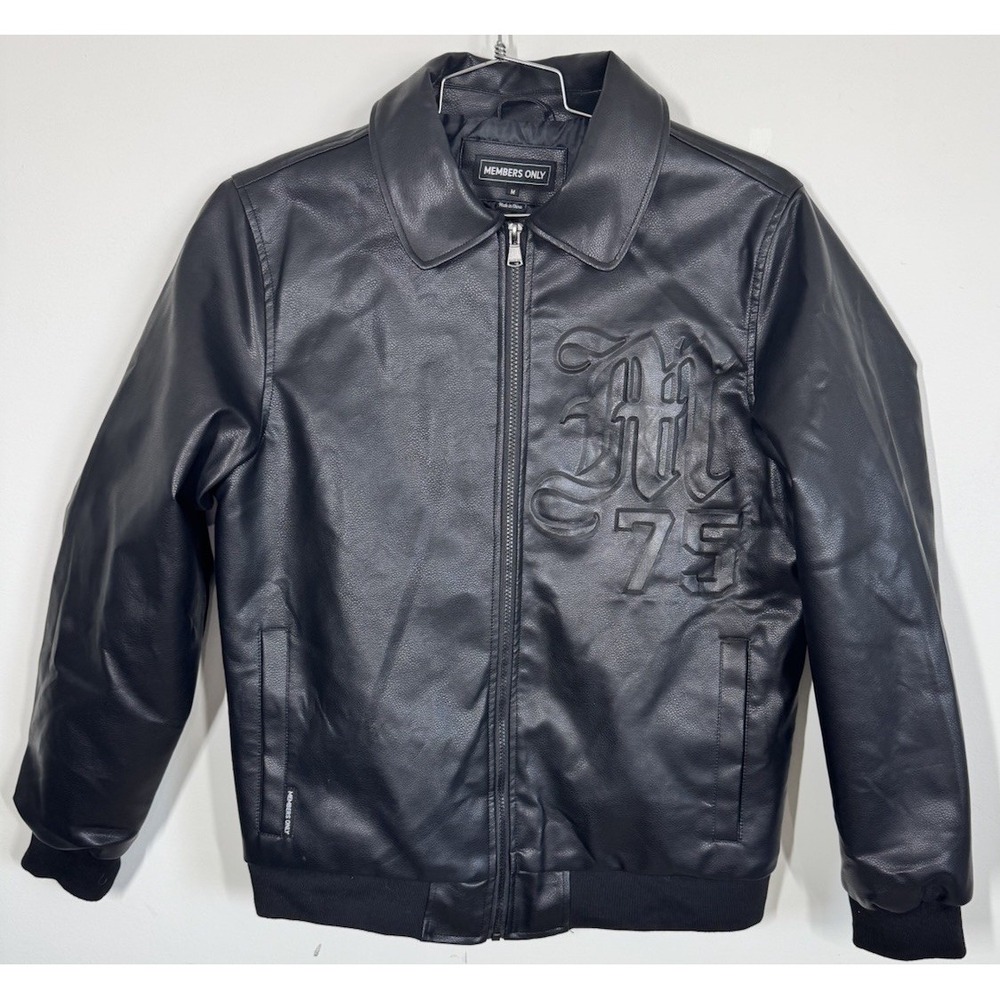 Members Only Mens Black Faux Leather Embossed Varsity Jacket Size M Lined Sporty